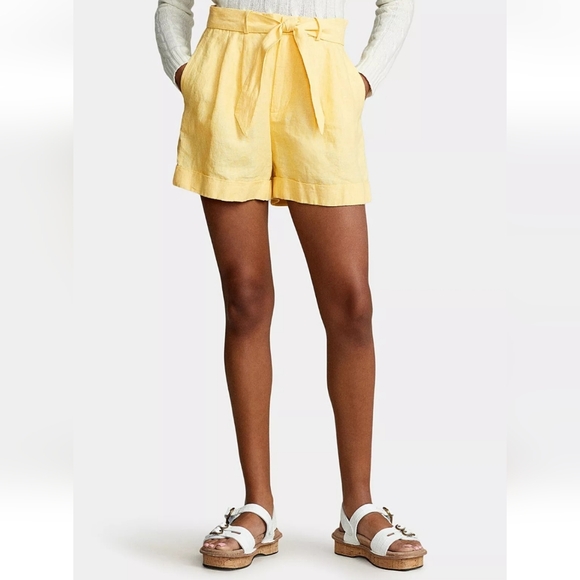 Polo Ralph Lauren Womens Shorts Size 12 Yellow Linen Relaxed Fit Roll Cuffs New
